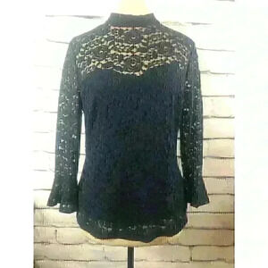 NWT! Suzy Shier Women's Sz. L Navy Blue Lace Sweatheart Blouse Ruffled Sleeve
